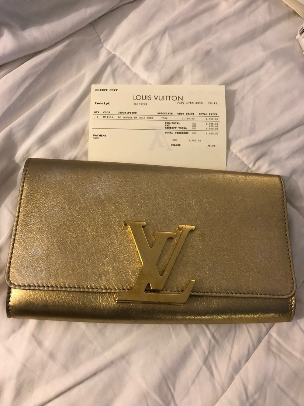 Louis Vuitton Metallic Gold Leather Clutch with LV Monogram Plaque